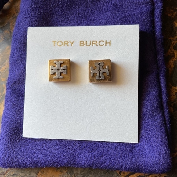 TORY BURCH MILLER LOGO GOLD/SILVER TONE STUD EARRINGS NEW WITH GIFT BAG - Picture 2 of 8